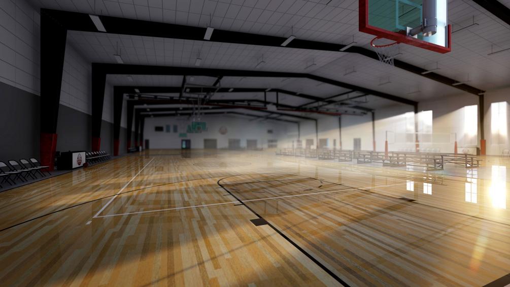 interior rendering of sports facility at dusk