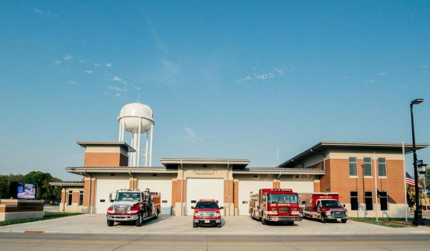 South Sioux City Fire Station from the front with fire trucks